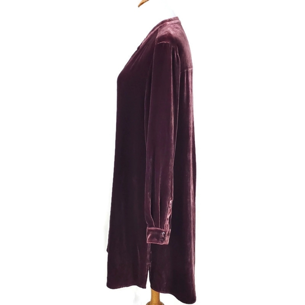 EILEEN FISHER VELVET MANDARIN COLLAR BURGUNDY Shirt Dress S/P - Picture 8 of 16